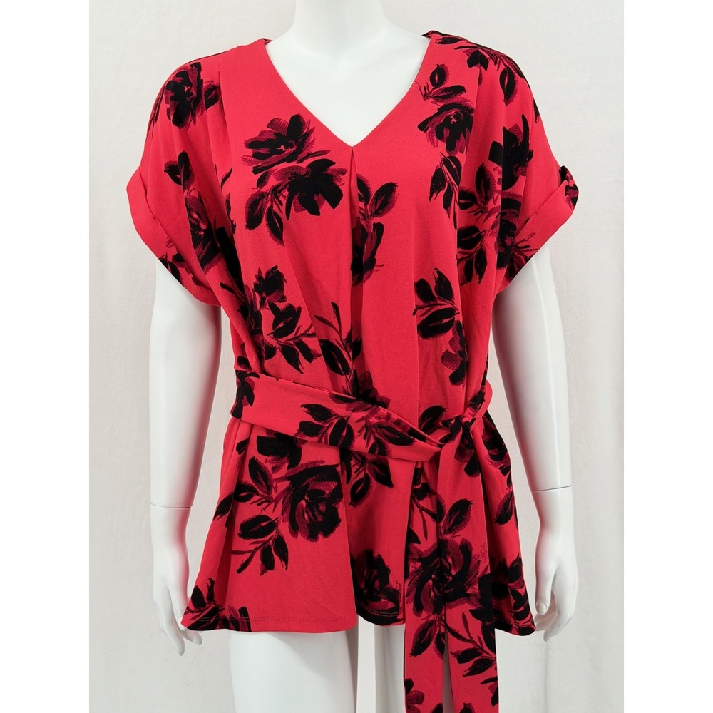 Worthington Top Womens 2XL Red Black Floral Belted Short Sleeve V-Neck Office